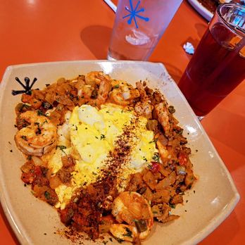 Snooze, an A.M. Eatery - Shrimp and Grits with Scrambled eggs - Breakfast & Brunch Near Me - Orange, California Snooze, an A.M. Eatery - Shrimp and Grits with Scrambled eggs - Breakfast & Brunch Near Me - Orange, California