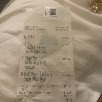 Marco's Pizza - a receipt for a pizza - Pizza Near Me - Lehigh Acres, Florida