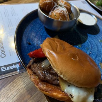 Eureka! - Bison burger with Mac N- Cheese Balls subbed for fries - American Near Me - Seattle, Washington