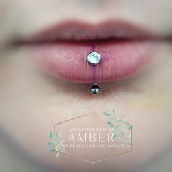 Peaceful Piercings - Titanium threadless barbell with bezel set CZ in fresh vertical labret
