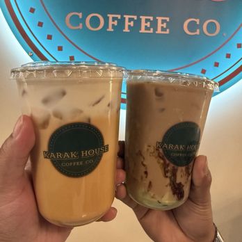 Karak House Coffee - Iced Karak Chai with Pumpkin cold foam and Iced mocha pistachio latte - Coffee & Tea Near Me - Corona, California