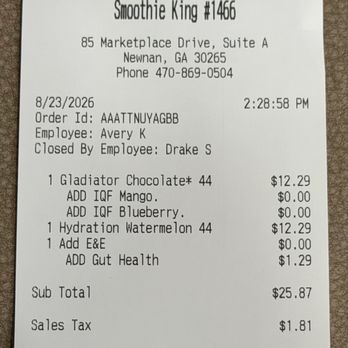 Smoothie King - Receipt - Juice Bars & Smoothies Near Me - Newnan, Georgia Smoothie King - Receipt - Juice Bars & Smoothies Near Me - Newnan, Georgia