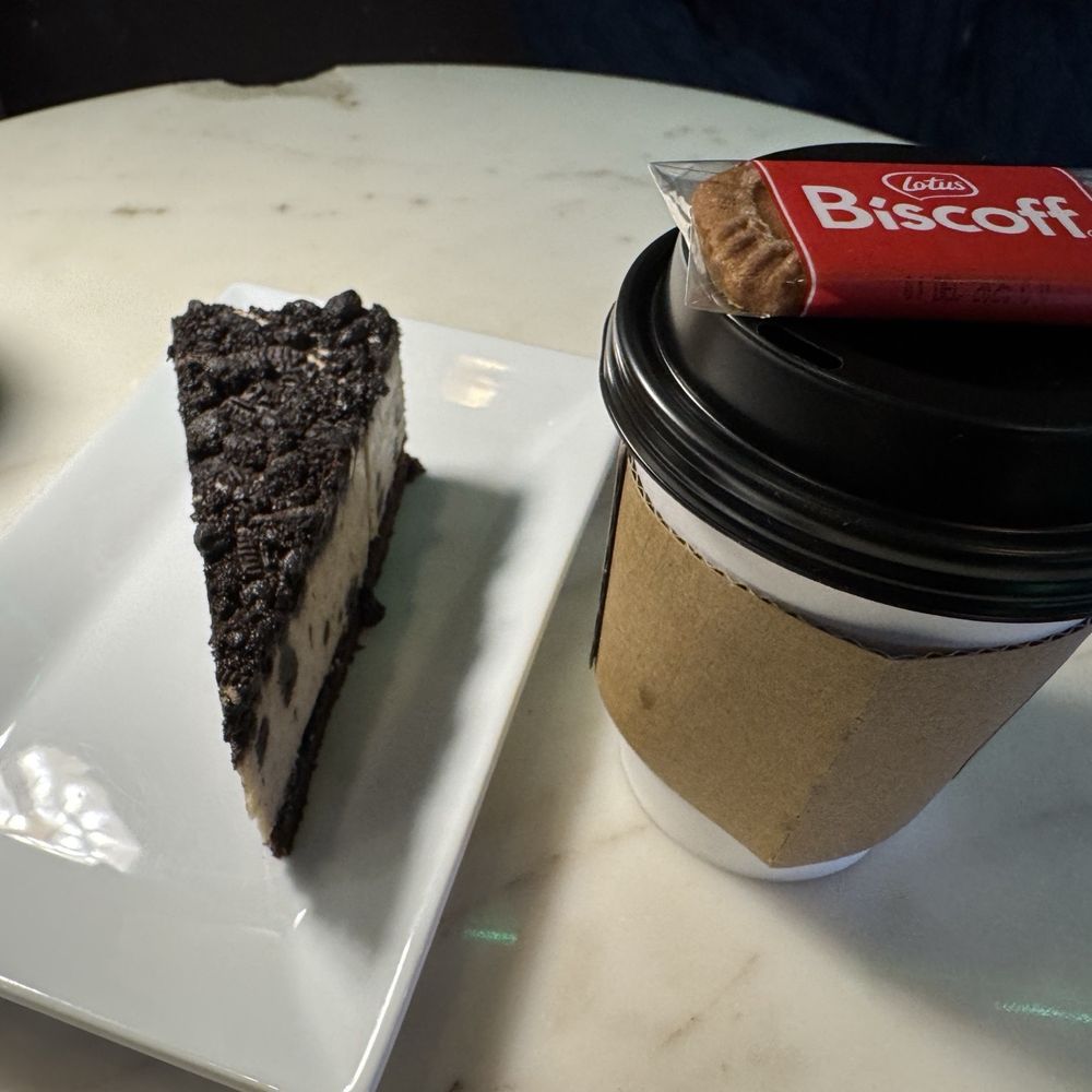 Oreo cookie mouse cake and a flat white