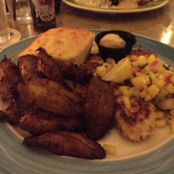 Guanabanas - Grouper with mango salsa, plantains, and cornbread. - Seafood Near Me - Jupiter, Florida Guanabanas - Grouper with mango salsa, plantains, and cornbread. - Seafood Near Me - Jupiter, Florida