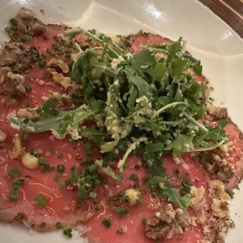 Pepp & Dolores - Carpaccio Piedmontese - shiitake crusted carpaccio, truffle vinaigrette, arugula, walnut - Italian Near Me - Cincinnati, Ohio Pepp & Dolores - Carpaccio Piedmontese - shiitake crusted carpaccio, truffle vinaigrette, arugula, walnut - Italian Near Me - Cincinnati, Ohio