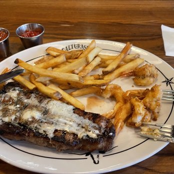 Saltgrass Steak House - NY Strip with shrimp and fries. - Steakhouses Near Me - Tulsa, Oklahoma Saltgrass Steak House - NY Strip with shrimp and fries. - Steakhouses Near Me - Tulsa, Oklahoma