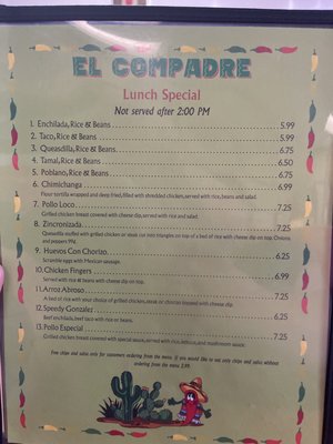 Menu photo 1 El Compadre Fayette, AL Menu photo 1 El Compadre Fayette, AL