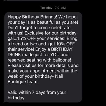Nail Boutique - Birthday text with no minimum purchase mentioned - Nail Salons Near Me - Allen, Texas