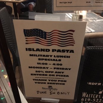 Island Pasta - Military lunch special - Italian Near Me - Coronado, California