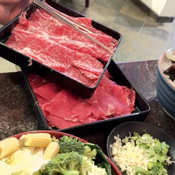 Jin Pot Shabu House - Raw Premium Wagyu Kobe Beef (6 oz) and premium black angus (very lean) - Hot Pot Near Me - San Francisco, California Jin Pot Shabu House - Raw Premium Wagyu Kobe Beef (6 oz) and premium black angus (very lean) - Hot Pot Near Me - San Francisco, California