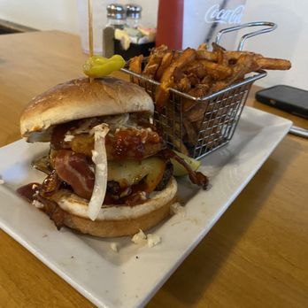 Hops Burger Bar - Southern Pines burger and sweet potato fries. - Burgers Near Me - Greensboro, North Carolina Hops Burger Bar - Southern Pines burger and sweet potato fries. - Burgers Near Me - Greensboro, North Carolina