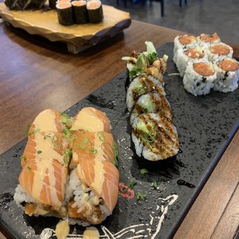 Aki Steak & Sushi - Front: R17. Nemo Roll(8pc), R11. Spider Roll, R13. Spicy Tuna Roll Back: R3. Salmon Roll, R6. Rock N Roll - Japanese Near Me - Sugar Land, Texas Aki Steak & Sushi - Front: R17. Nemo Roll(8pc), R11. Spider Roll, R13. Spicy Tuna Roll Back: R3. Salmon Roll, R6. Rock N Roll - Japanese Near Me - Sugar Land, Texas