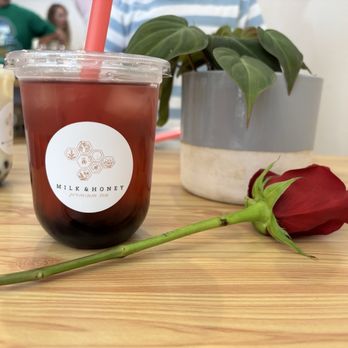 Milk and Honey Premium Tea - Hibiscus Sunrise loose leaf with house made strawberry sweetener and honey boba - Bubble Tea Near Me - Glendora, California Milk and Honey Premium Tea - Hibiscus Sunrise loose leaf with house made strawberry sweetener and honey boba - Bubble Tea Near Me - Glendora, California