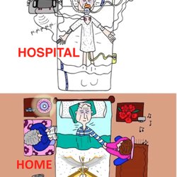 Divinity Hospice - HOSPITAL  VS  HOME Illustrator Credit: Monica Lalanda, MD