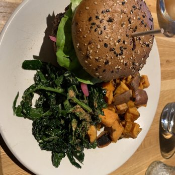 True Food Kitchen - Vegan double cheeseburger.  This was so delicious.  Came with sweet potato hash and kale salad.  The salad was better than the hash. - Vegetarian Near Me - Plano, Texas