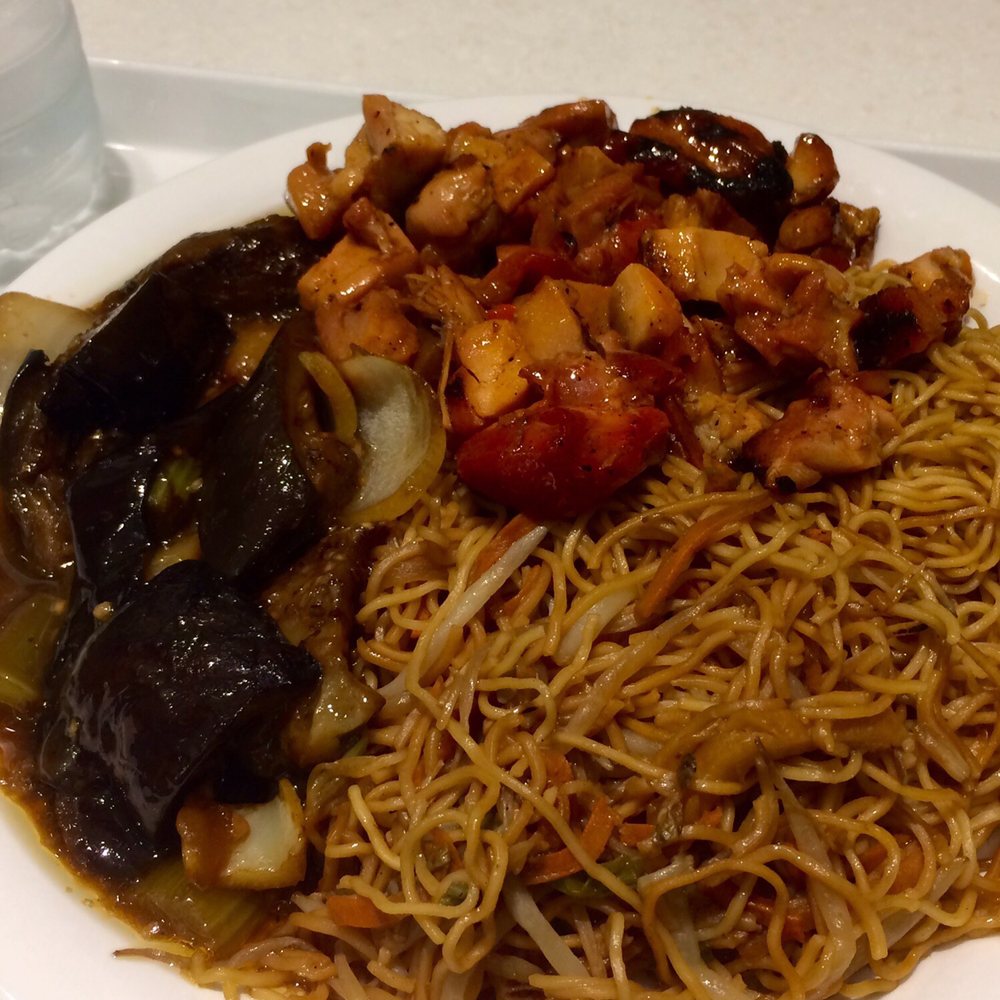 Grilled chicken, eggplant and noodles