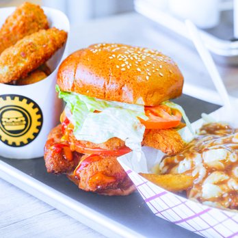 Burger Factory - chicken sandwich with fries and a cup of coffee - Burgers Near Me - Cambridge, Ontario