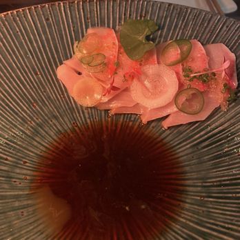 Kabooki Sushi - Hamachi carpaccio: japanese yellowtail, yuzu tobiko, ponzu, kaffir lime oil, yuzu kosho, serrano peppers - Japanese Near Me - Orlando, Florida