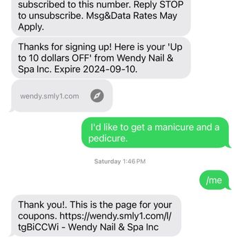 Wendy Nail Salon - Screenshot of text exchange. - Nail Salons Near Me - Oceanside, New York Wendy Nail Salon - Screenshot of text exchange. - Nail Salons Near Me - Oceanside, New York