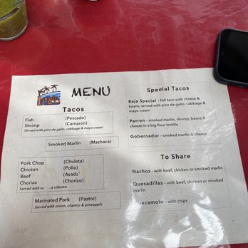 1 & Only Tacos - Menu. Price was $2 a taco - Tacos Near Me - Cabo San Lucas, BCS