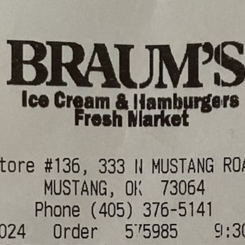 Braum's Ice Cream & Dairy Stores - Receipt - Ice Cream & Frozen Yogurt Near Me - Mustang, Oklahoma