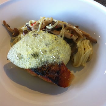 Michael Warring - red snapper, housemade capellini, mushrooms, jalapeno, orange air (9/30/12) - New American Near Me - Vallejo, California Michael Warring - red snapper, housemade capellini, mushrooms, jalapeno, orange air (9/30/12) - New American Near Me - Vallejo, California