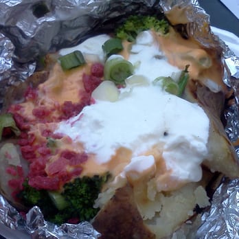 Fresh Escape - Baked potato with sour cream, cheese, green onions and chives, broccoli, and bacon bites all for less than $6! - Do-It-Yourself Food Near Me - Pomona, California Fresh Escape - Baked potato with sour cream, cheese, green onions and chives, broccoli, and bacon bites all for less than $6! - Do-It-Yourself Food Near Me - Pomona, California
