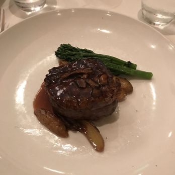 Parkway Grill - Filet mignon with mushroom sauce, fingerling potatoes and broccoli... perfection - New American Near Me - Pasadena, California