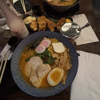 HINODEYA Ramen Union Square - SPICY MISO Butter Corn Ramen with chicken! And pink DASSAI 39 (Junmai Daiginjo) 300ml - Ramen Near Me - San Francisco, California HINODEYA Ramen Union Square - SPICY MISO Butter Corn Ramen with chicken! And pink DASSAI 39 (Junmai Daiginjo) 300ml - Ramen Near Me - San Francisco, California