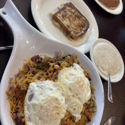 Anitas Cafe - Pancake, French toast, western skillet and gravy on the side.