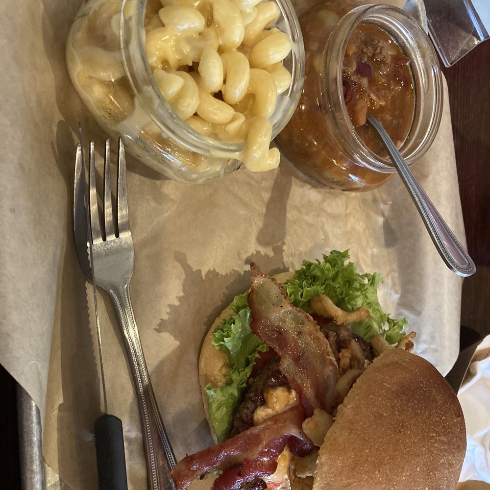 Crafty Burg'r - Pimento Bacon Burg'r with Mac n cheese and crafty beans - Burgers Near Me - Cornelius, North Carolina Crafty Burg'r - Pimento Bacon Burg'r with Mac n cheese and crafty beans - Burgers Near Me - Cornelius, North Carolina