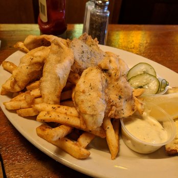 Brazen Head Pub - Lightly battered bluegill with black pepper fries (fries of the month) and pickled cucumber relish. - Pubs Near Me - West Bend, Wisconsin Brazen Head Pub - Lightly battered bluegill with black pepper fries (fries of the month) and pickled cucumber relish. - Pubs Near Me - West Bend, Wisconsin