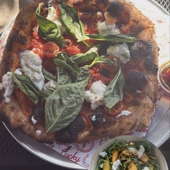 Lucky Penny - Margarita pizza and peach summer salad - Pizza Near Me - Santa Barbara, California Lucky Penny - Margarita pizza and peach summer salad - Pizza Near Me - Santa Barbara, California