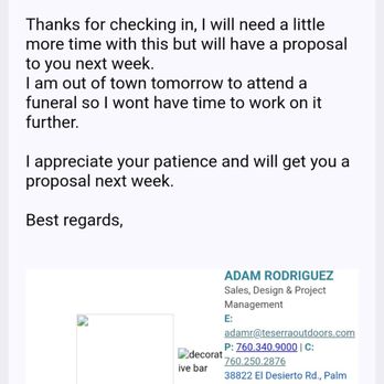 Teserra - Email promising an estimate - Landscaping Near Me - Palm Desert, California