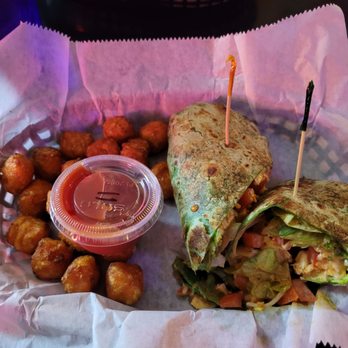 DeCamp Station - Buffalo chicken wrap with spinach tortilla and sweet potato tots - Bars Near Me - Staunton, Illinois
