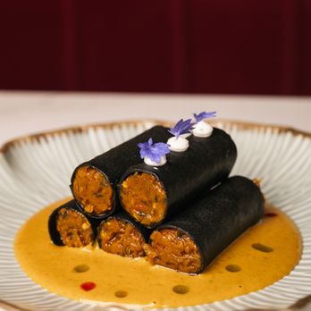 Aangan Toronto - Baingan Bharta Cannoli with Peanut ka Salan. - Indian Near Me - Toronto, Ontario Aangan Toronto - Baingan Bharta Cannoli with Peanut ka Salan. - Indian Near Me - Toronto, Ontario