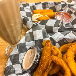 Big Ed's Main Street Soda Grill - Chocolate milkshake, onion rings and mozzarella sticks.