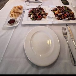 The Villa - Thai calamari, beef Beef with Black Pepper Sauce, Eggplant in Spicy Garlic Sauce.