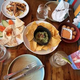 Pork belly (top left) and MEDITERRANEAN HUMMUS (left) and avocado dip (middle) and croquettes (right)