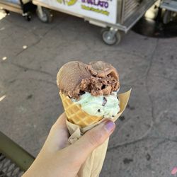 Mountain High Ice Cream and Gelato - Waffle cone with chocolate, and mint chocolate chip ice cream.