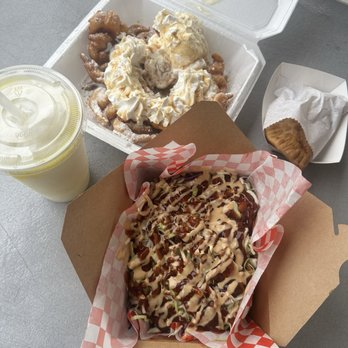 Carnival Food Trailer - Funnel cake with whipped cream + caramel, frosted lemonade, chicken empanada, & dirty fries with brisket - Food Trucks Near Me