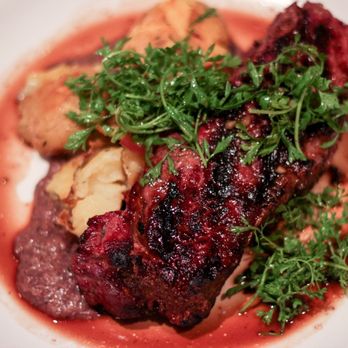 Nopa - Grilled New York Steak, Butterball potatoes, mushrooms, red wine, and peppercress - New American Near Me - San Francisco, California Nopa - Grilled New York Steak, Butterball potatoes, mushrooms, red wine, and peppercress - New American Near Me - San Francisco, California