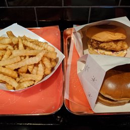 Fried chicken sandwich, the dirty burger, and fries