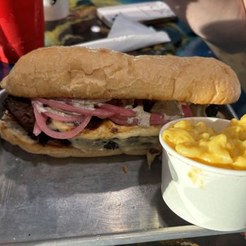 The Stellar Hog - White Wall (Brisket, smoked gouda, pickled red onion, and horseradish cream on toasted hoagie) and Mac N Cheese - Beer Gardens Near Me - Saint Louis, Missouri