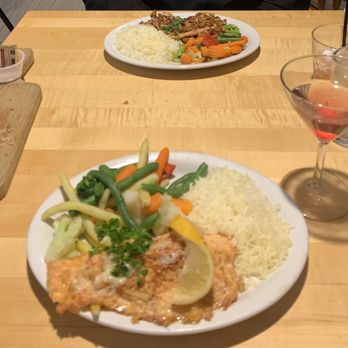 Sunset Grill - Entrees- Crab Stuffed Salmon and Honey Pecan Chicken. Both served with fresh veggies and rice. - Steakhouses Near Me - Moab, Utah