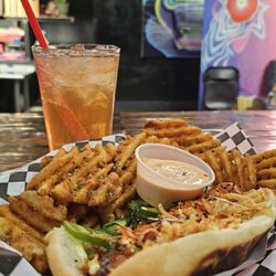 Brick Box Brewery - Katsu Dog with furikake waffle fries and the spirit tea