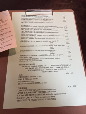Menu photo 1 Kings Head Yarmouth, IOW