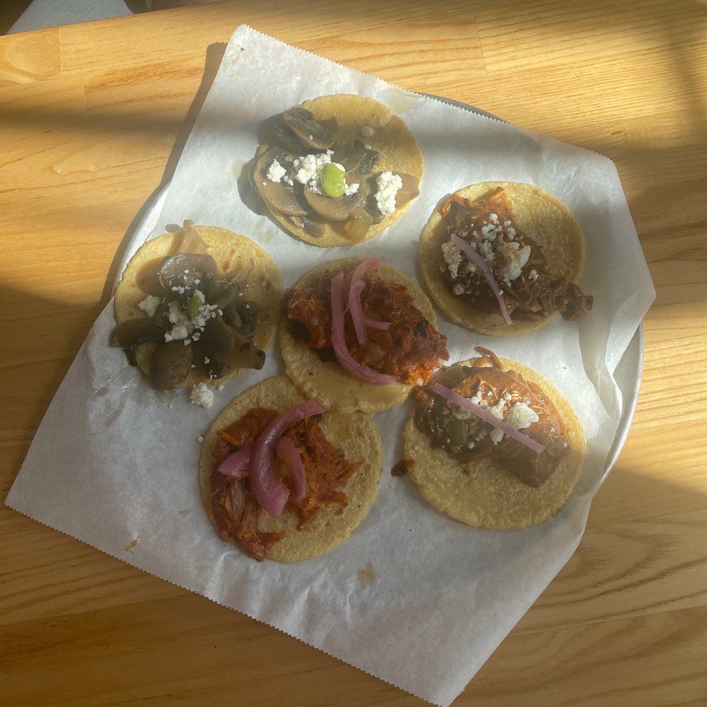 Guisados - Hubby's choices- spicy pork, mole chicken, & hongos (mushrooms)- he's not talking because his palate won't allow! - Mexican Near Me - Pasadena, California Guisados - Hubby's choices- spicy pork, mole chicken, & hongos (mushrooms)- he's not talking because his palate won't allow! - Mexican Near Me - Pasadena, California
