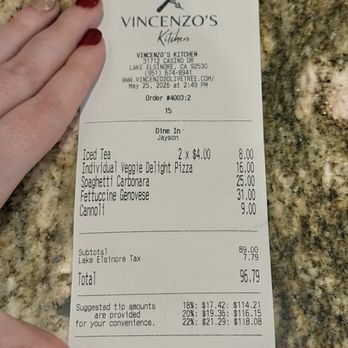 Vincenzo's Kitchen - Bill - Italian Near Me - Lake Elsinore, California