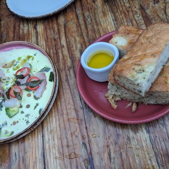 Foreign Cinema - Left: Local Halibut, right: focaccia - Breakfast & Brunch Near Me - San Francisco, California
